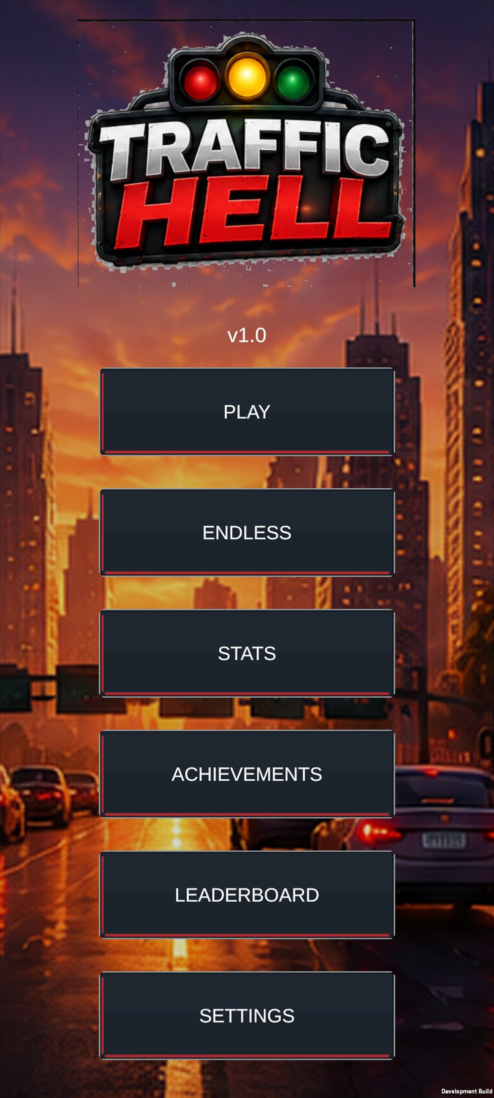 Traffic Hell Android main menu, with campaign, Endless, stats, achievements and leaderboard options